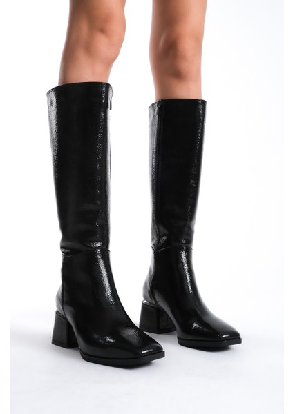 Kadın Diz Altı Siyah Topuklu Parlak Detaylı Fermuarlı Deri Görünümlü Uzun Çizme modelleri