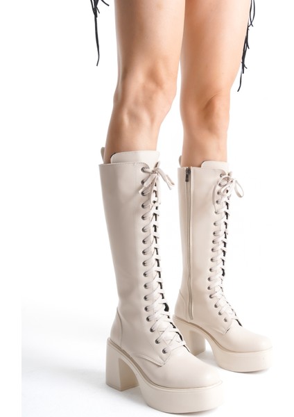 Kalın Yüksek Topuklu Fermuarlı Diz Altı Sade Bağcıklı Kadın Krem Çizme fiyatları