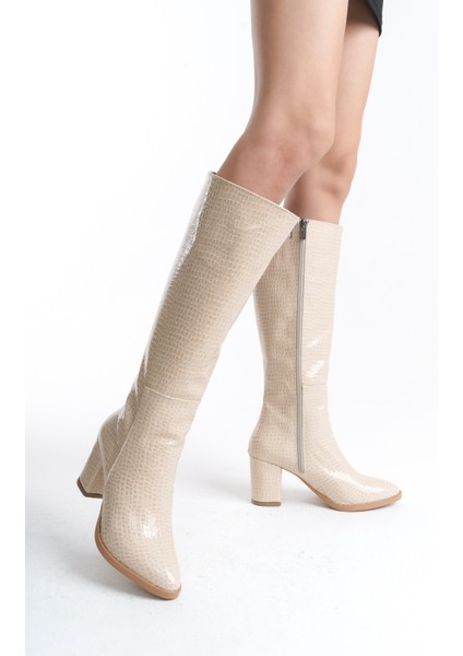 Kadın Topuklu Deri Görünümlü Fermuarlı Taş Detaylı Uzun Çizme fiyatları