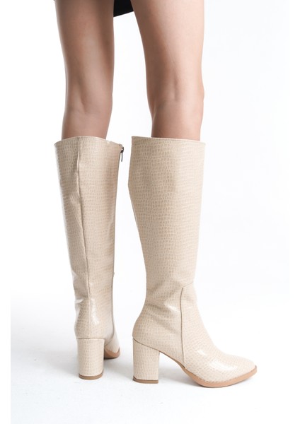 Kadın Topuklu Deri Görünümlü Fermuarlı Taş Detaylı Uzun Çizme fırsatları