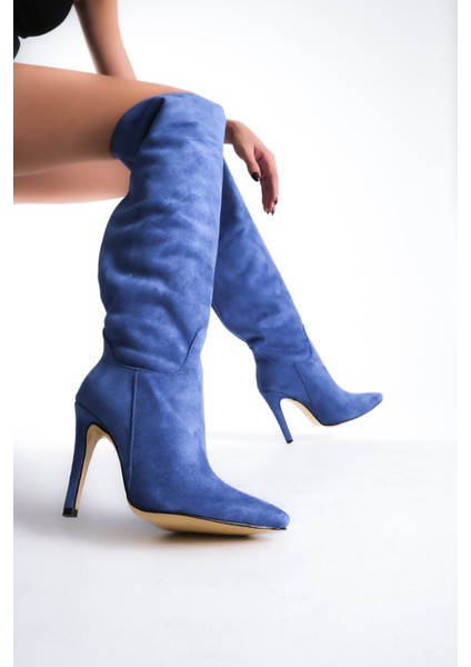 İnce Yüksek Topuklu Süet Mavi Diz Üstü Kadın Uzun Çizme fiyatları