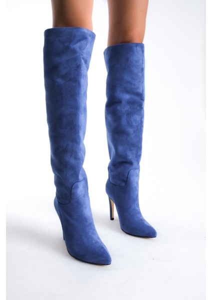İnce Yüksek Topuklu Süet Mavi Diz Üstü Kadın Uzun Çizme modelleri