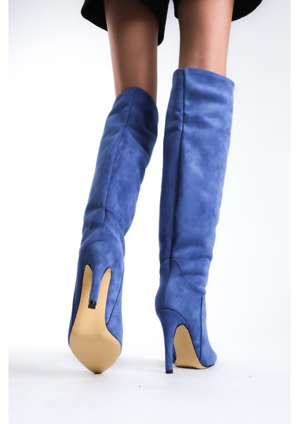 İnce Yüksek Topuklu Süet Mavi Diz Üstü Kadın Uzun Çizme fırsatları