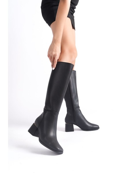 Kadın Siyah Topuklu Deri Görünümlü Uzun Çizme Parlak Detaylı Fermuarlı Diz Altı fiyatları