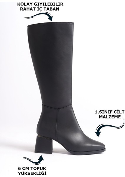 Kadın Siyah Topuklu Deri Görünümlü Uzun Çizme Parlak Detaylı Fermuarlı Diz Altı modelleri