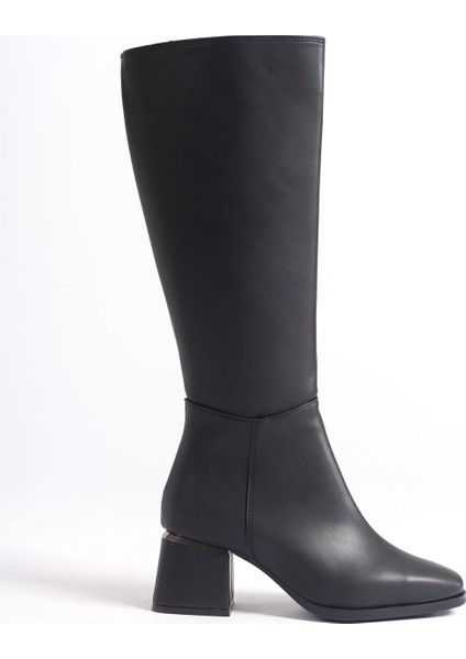 Kadın Siyah Topuklu Deri Görünümlü Uzun Çizme Parlak Detaylı Fermuarlı Diz Altı fırsatları