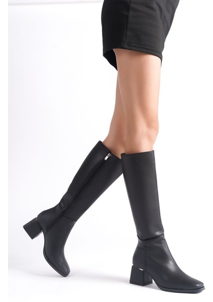 Kadın Siyah Topuklu Deri Görünümlü Uzun Çizme Parlak Detaylı Fermuarlı Diz Altı indirimleri