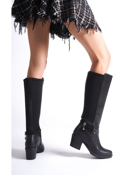 Siyah Deri Görünümlü Arkası Streç Esnek Kalın Orta Yüksek Topuklu Toka Detaylı Fermuarlı Uzun Çizme indirimleri