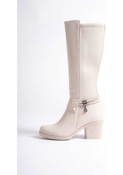 Krem Deri Görünümlü Arkası Streç Esnek Kalın Orta Yüksek Topuklu Toka Detaylı Fermuarlı Uzun Çizme fırsatları