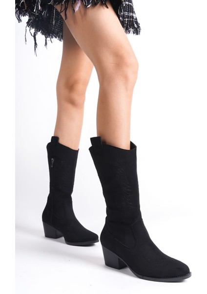 El Yapımı Sivri Burunlu Siyah Topuklu Nakış Desen Detaylı Süet Kadın Fermarlı Kovboy Çizme