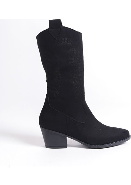 El Yapımı Sivri Burunlu Siyah Topuklu Nakış Desen Detaylı Süet Kadın Fermarlı Kovboy Çizme fiyatları