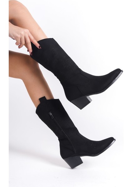 El Yapımı Sivri Burunlu Siyah Topuklu Nakış Desen Detaylı Süet Kadın Fermarlı Kovboy Çizme modelleri