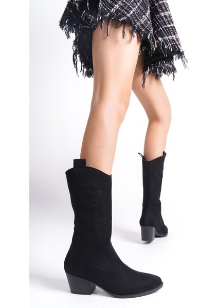 El Yapımı Sivri Burunlu Siyah Topuklu Nakış Desen Detaylı Süet Kadın Fermarlı Kovboy Çizme fırsatları