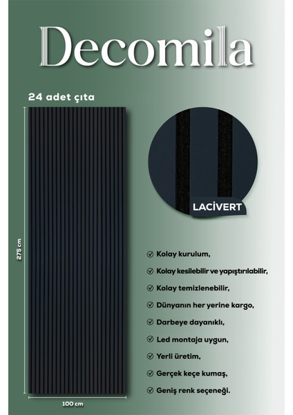 Mdf Ahşap Akustik Duvar Paneli 100X275 cm - Lacivert fiyatları