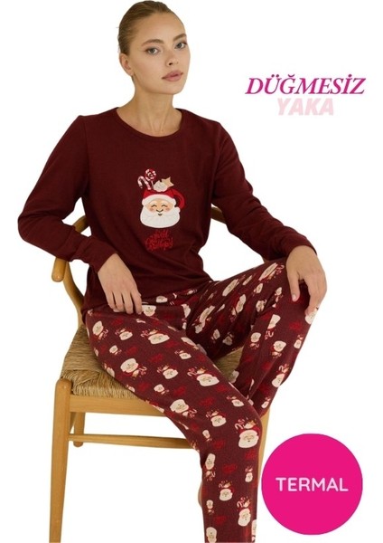 Kadın Bisiklet Yaka Düğmesiz Bilekler Lastikli/jogger Yumuşak Termal Kışlık Pijama Takımı