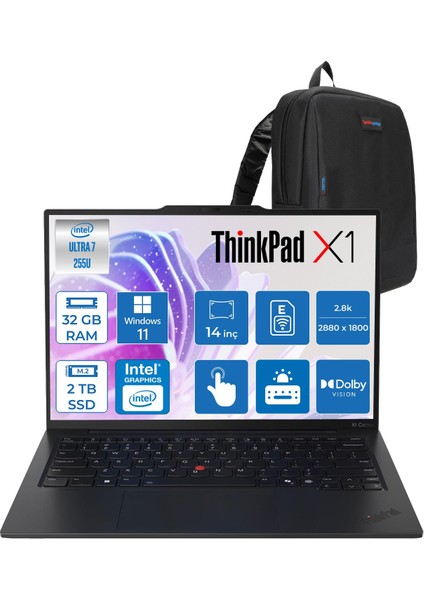 Thinkpad X1 Carbon Gen 13 Aura Edition Intel Core Ultra 7 255U 32 GB 2tb SSD Windows 11 Pro 4g(Esım) 14'' 2.8k (2880X1800) OLED 500NIT 120HZ Dokunmatik Bilgisayar X21NX006FTX04 +Zetta Çanta