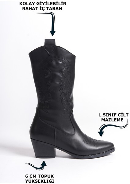 El Yapımı Siyah Topuklu Kadın Fermuarlı Kovboy Çizme Sivri Burunlu Nakış Desen Detaylı Cilt fiyatları