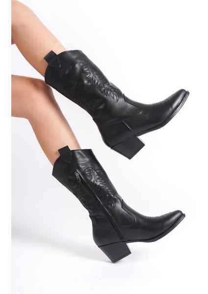 El Yapımı Siyah Topuklu Kadın Fermuarlı Kovboy Çizme Sivri Burunlu Nakış Desen Detaylı Cilt modelleri