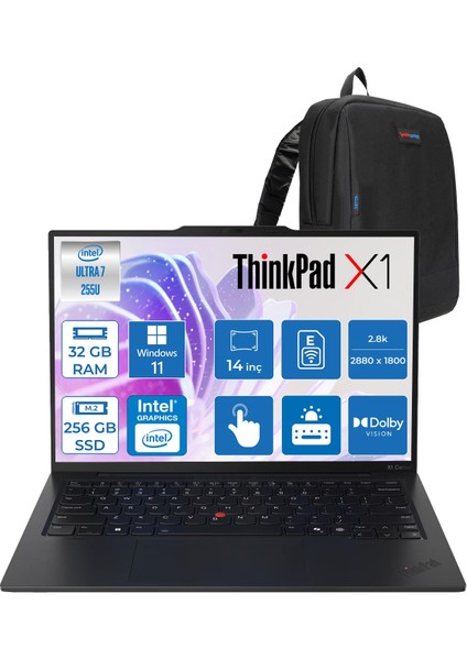 Thinkpad X1 Carbon Gen 13 Aura Edition Intel Core Ultra 7 255U 32 GB 256 GB SSD Windows 11 Pro 4g(Esım) 14'' 2.8k (2880X1800) OLED 500NIT 120HZ Dokunmatik Bilgisayar X21NX006FTX01 +Zetta Çanta