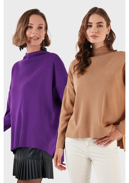 Pamuklu Arkası Uzun Dik Yaka 2'li Paket Triko Kazak Bayan Kazak 4615002S2