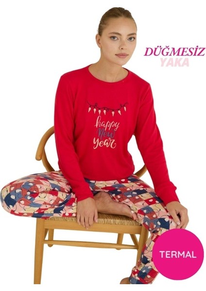 Kadın Bisiklet Yaka Düğmesiz Bilekler Lastikli/jogger Yumuşak Termal Kışlık Pijama Takımı