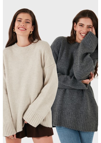 Regular Fit Bisiklet Yaka Basic 2'li Paket Triko Kazak Bayan Kazak 4616213S2