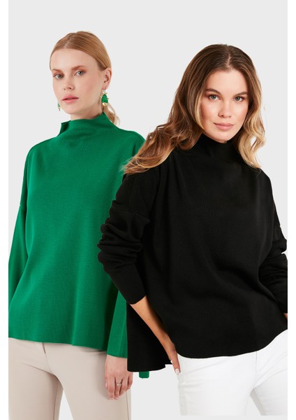 Pamuklu Arkası Uzun Dik Yaka 2'li Paket Triko Kazak Bayan Kazak 4615002S2