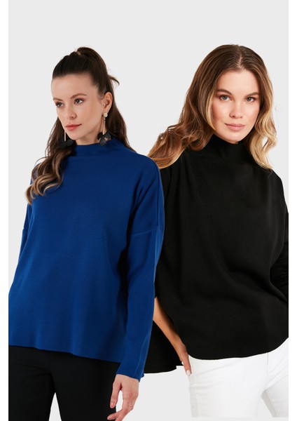 Pamuklu Arkası Uzun Dik Yaka 2'li Paket Triko Kazak Bayan Kazak 4615002S2