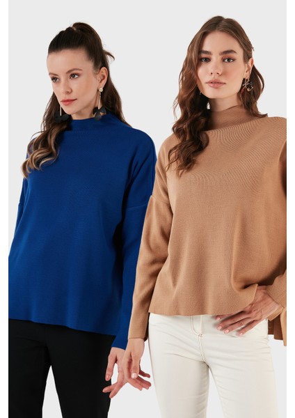 Pamuklu Arkası Uzun Dik Yaka 2'li Paket Triko Kazak Bayan Kazak 4615002S2