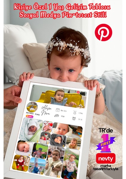 Kişiye Özel 1 Yaş Gelişim Posteri – Pinterest Stil – 13 Fotoğraflı Milestone Tasarımı – Kağıt & Metal & Çerçeveli Seçenek