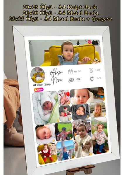 Kişiye Özel 1 Yaş Gelişim Posteri – Pinterest Stil – 13 Fotoğraflı Milestone Tasarımı – Kağıt & Metal & Çerçeveli Seçenek fiyatları