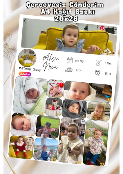Kişiye Özel 1 Yaş Gelişim Posteri – Pinterest Stil – 13 Fotoğraflı Milestone Tasarımı – Kağıt & Metal & Çerçeveli Seçenek modelleri