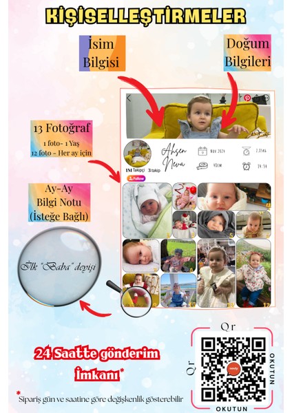 Kişiye Özel 1 Yaş Gelişim Posteri – Pinterest Stil – 13 Fotoğraflı Milestone Tasarımı – Kağıt & Metal & Çerçeveli Seçenek indirimleri