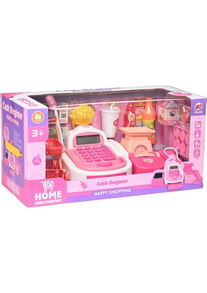 Işıklı-Sesli Gerçek Hesap Makinalı Barkod Okuyuculu Alışveriş Sepetli Pembe Yazarkasa Oyuncak