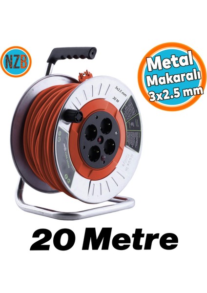 Seyyar Metal Makaralı Cca Kablo 4 Prizli Monofaze Uzatma Kablosu 3x2.5 mm Ttr Kablo 20 Metre