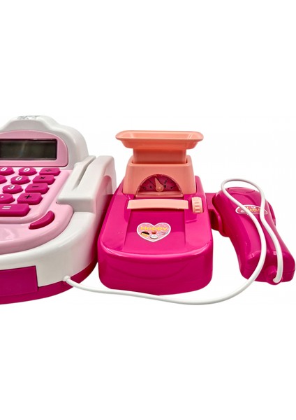 Işıklı-Sesli Gerçek Hesap Makinalı Barkod Okuyuculu Alışveriş Sepetli Pembe Yazarkasa Oyuncak