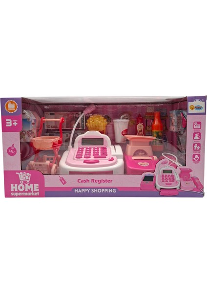 Işıklı-Sesli Gerçek Hesap Makinalı Barkod Okuyuculu Alışveriş Sepetli Pembe Yazarkasa Oyuncak