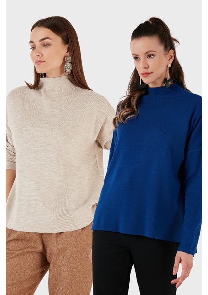 Pamuklu Arkası Uzun Dik Yaka 2'li Paket Triko Kazak Bayan Kazak 4615002S2