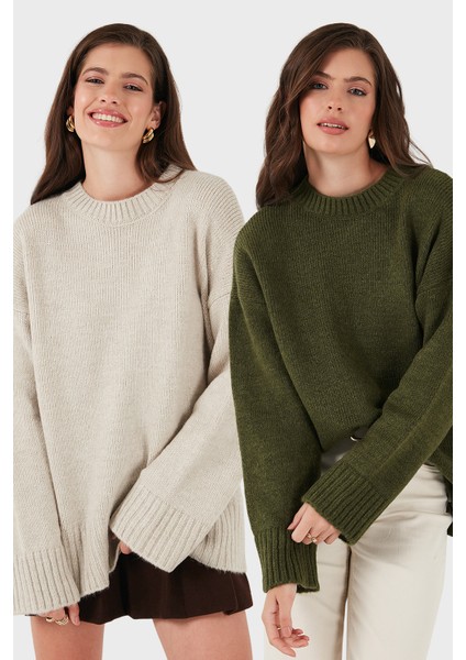 Regular Fit Bisiklet Yaka Basic 2'li Paket Triko Kazak Bayan Kazak 4616213S2