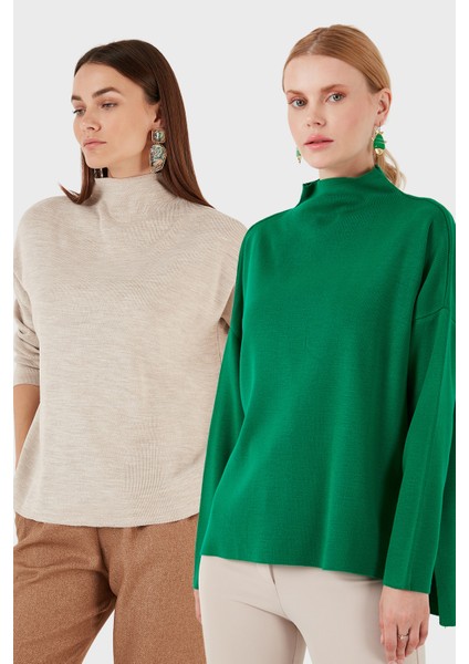 Pamuklu Arkası Uzun Dik Yaka 2'li Paket Triko Kazak Bayan Kazak 4615002S2