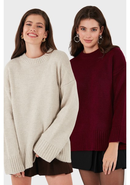 Regular Fit Bisiklet Yaka Basic 2'li Paket Triko Kazak Bayan Kazak 4616213S2