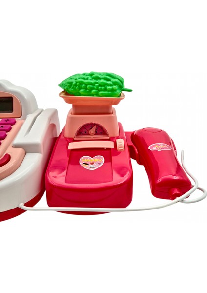 Işıklı-Sesli Gerçek Hesap Makinalı-Barkod Okuyuculu-Alışveriş Sepetli- Kırmızı Yazarkasa Oyuncak