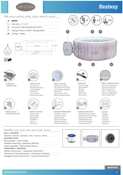 Lay-Z-Spa® 60003 Cancun Signature Airjet™ Şişme Spa Havuzu, 2-4 Kişilik