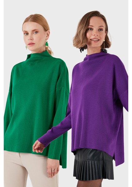 Pamuklu Arkası Uzun Dik Yaka 2'li Paket Triko Kazak Bayan Kazak 4615002S2