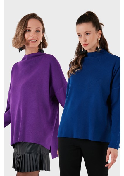 Pamuklu Arkası Uzun Dik Yaka 2'li Paket Triko Kazak Bayan Kazak 4615002S2