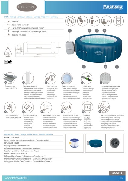 Lay-Z-Spa® 60029 Milan Smart Airjet Plus™ Şişme Spa Havuzu, Mobil Uygulama Kontrollü, 4-6 Kişilik