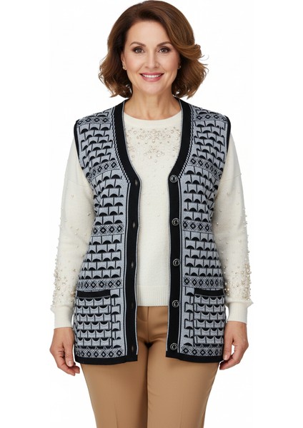 Kadın Kışlık Anne Yelek Pamuklu Triko Örme Şirin Simli Önden Düğmeli Çift Cepli Rahat Kesim