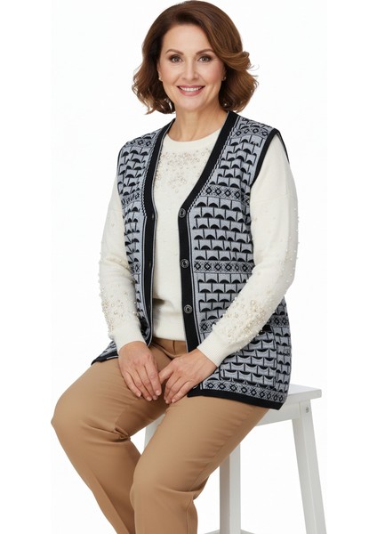 Kadın Kışlık Anne Yelek Pamuklu Triko Örme Şirin Simli Önden Düğmeli Çift Cepli Rahat Kesim fiyatları