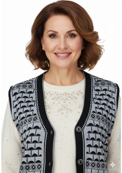 Kadın Kışlık Anne Yelek Pamuklu Triko Örme Şirin Simli Önden Düğmeli Çift Cepli Rahat Kesim modelleri