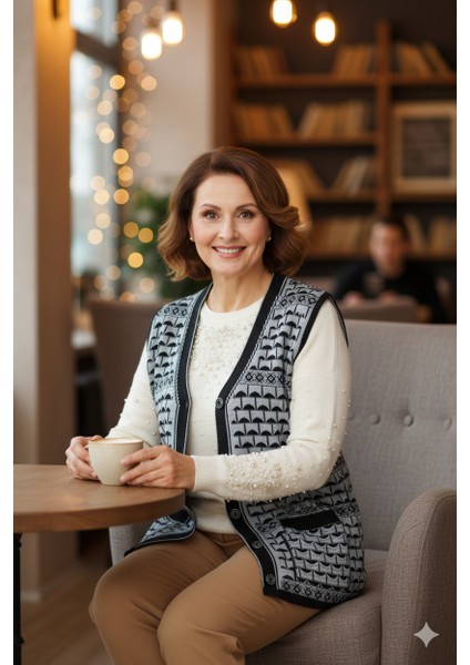 Kadın Kışlık Anne Yelek Pamuklu Triko Örme Şirin Simli Önden Düğmeli Çift Cepli Rahat Kesim fırsatları